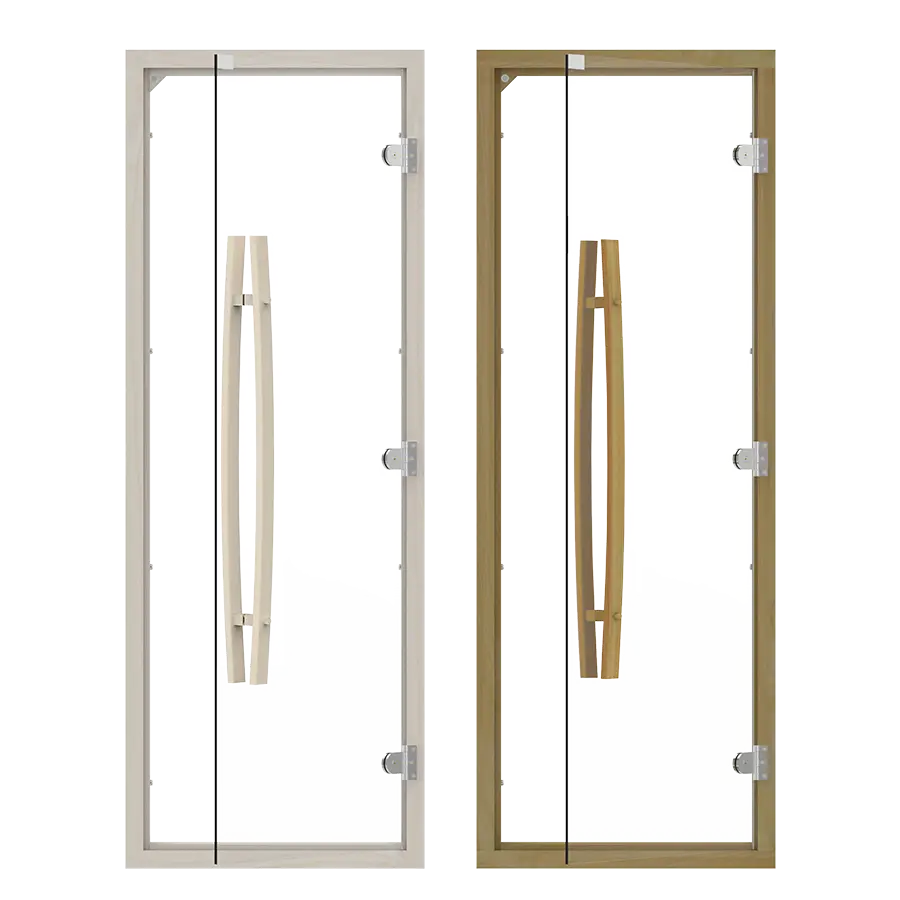 Clear Glass Reversible Sauna Door with Vertical Wooden Handle Arc