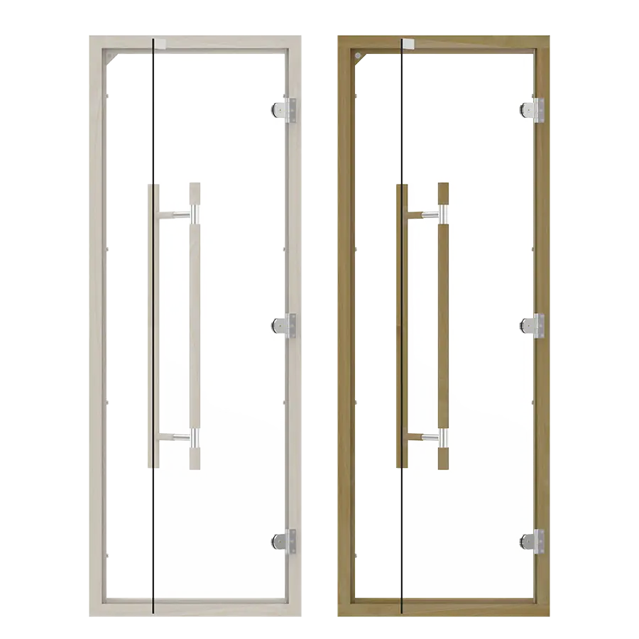 Clear Glass Reversible Sauna Door with Vertical Wooden Handle Metal